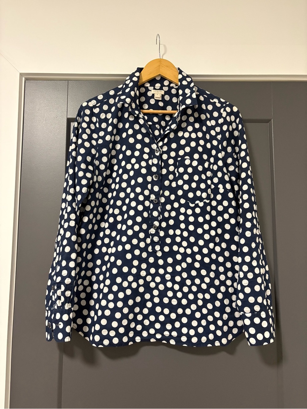 J. Crew Navy and White Polka Dot Shirt